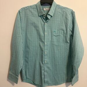 Tommy Bahama IslandZone Teal Blue Check Shirt Mens Large 24x30